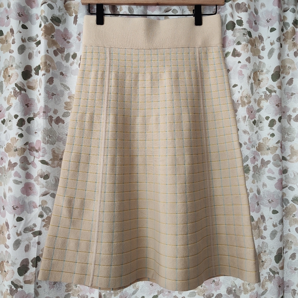 Yellow Knee Length Flared Skirt Windowpane Pull On Carlisle Sz S Easter Spring